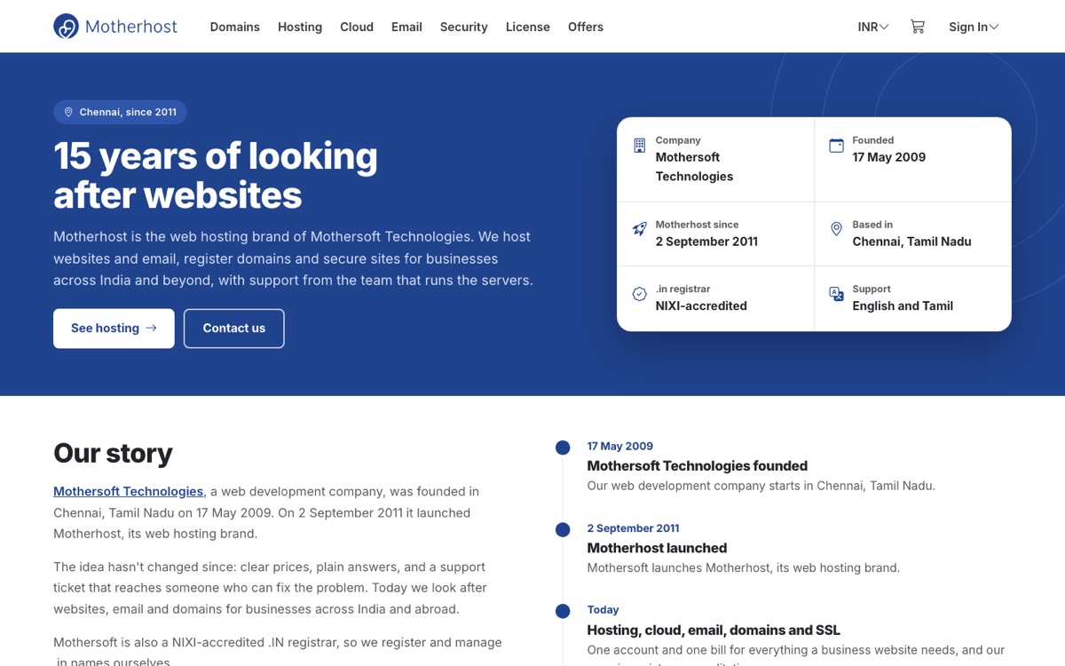 Motherhost website home page